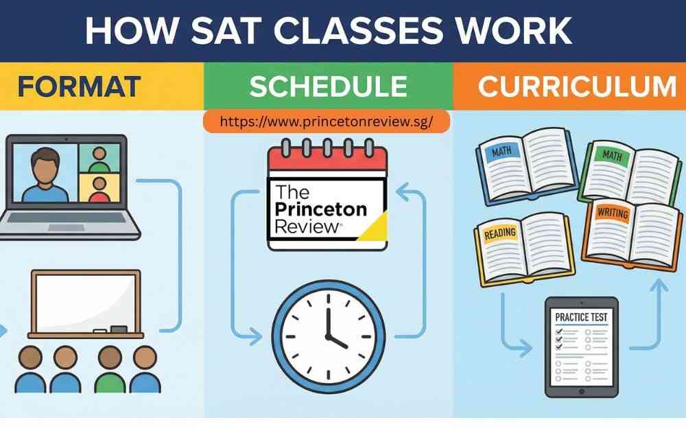 illustartion of visuals with 3 columns named format, schedule and curriculum. a main text on heading "how sat class work". small visualls of books, laptop and clock