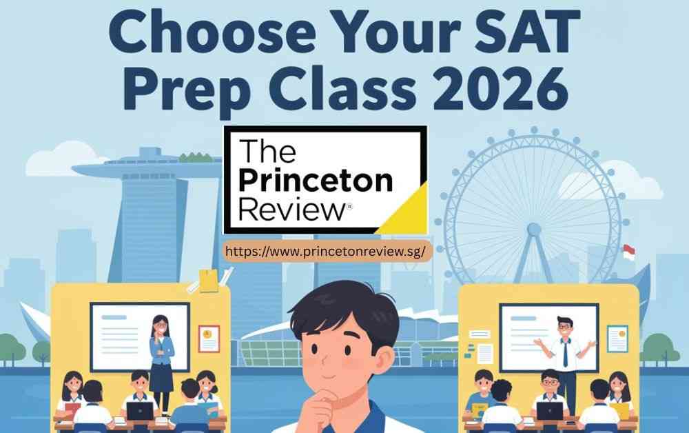 Illustration promoting SAT prep classes for 2026 by The Princeton Review, featuring students in classrooms, a thoughtful student, and a cityscape with a Ferris wheel.