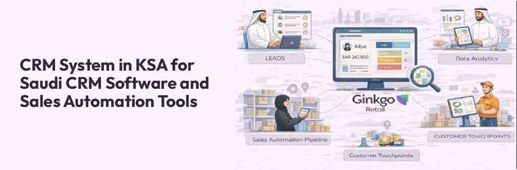 CRM System in KSA for Saudi CRM software and sales automation tools showing lead management, sales automation pipeline, customer touchpoints, and data analytics connected through a central CRM dashboard